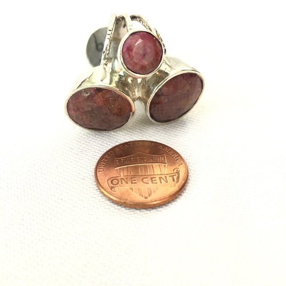 925 Silver Rhodochrosite Ring Natural Pink Round Gemstone Triple Band Sz 7 - Picture 8 of 15